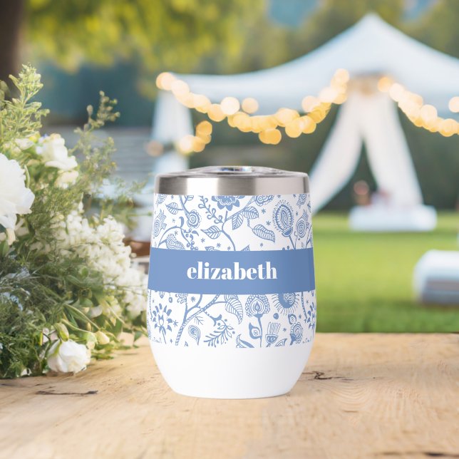 Blue White Floral Botanical Pattern Custom Name Thermal Wine Tumbler (Wedding (Rotated))
