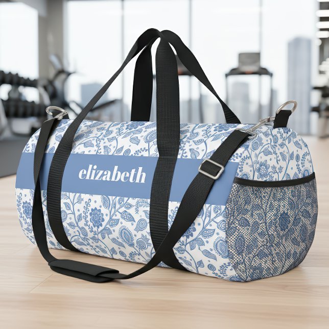 Blue White Floral Botanical Pattern Name Modern Duffle Bag (Creator Uploaded)