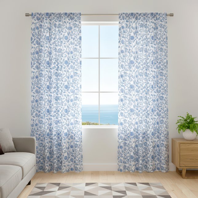 Blue White Floral Botanical Pattern Simple Modern Sheer Curtains (Creator Uploaded)