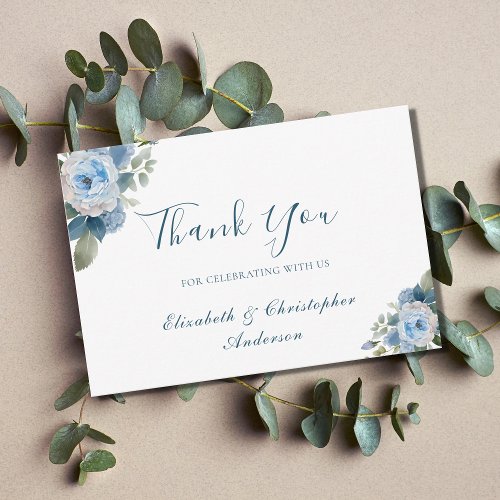 Blue White Floral Botanical Watercolor Wedding Thank You Card