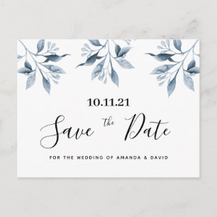 Blue white floral botanical wedding Save the Date Postcard