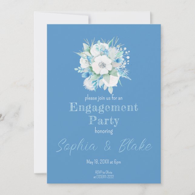 Blue & White Floral Bouquet Blue Engagement Party Invitation (Front)