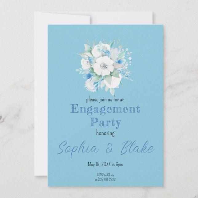 Blue & White Floral Bouquet Blue Engagement Party Invitation (Front)