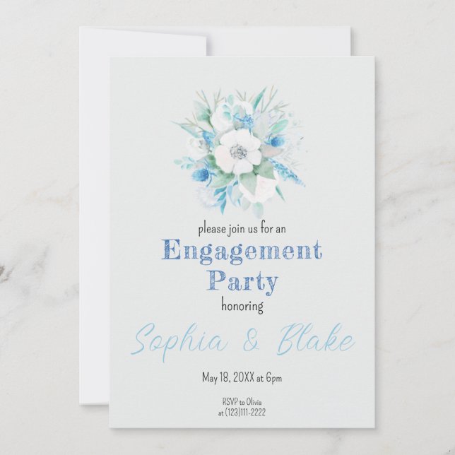Blue & White Floral Bouquet Gray Engagement Party Invitation (Front)