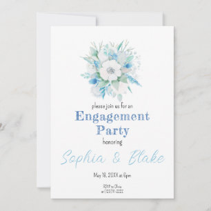Blue & White Floral Bouquet White Engagement Party Invitation