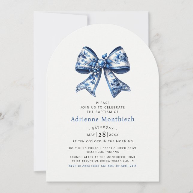 Blue & White Floral Bow Elegant Cream Arch Baptism Invitation (Front)
