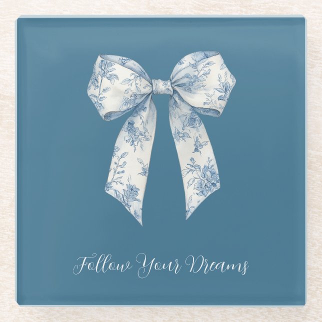 Blue White Floral Bow Glass Coaster (Front)