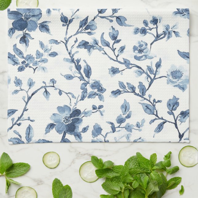 Blue White Floral Bridal Shower Kitchen Towel (Folded)