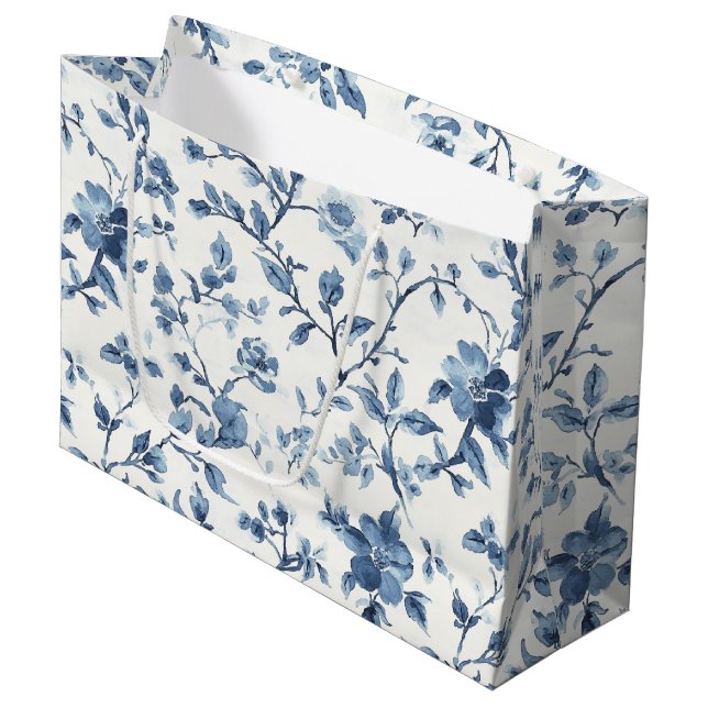Blue White Floral Bridal Shower Large Gift Bag (Front Angled)