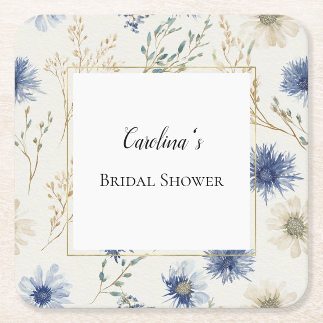 Blue White Floral Bridal Shower   Square Paper Coaster (Front)