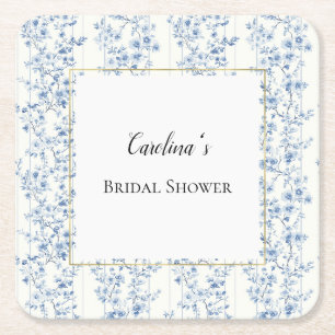 Blue White Floral Bridal Shower Square Paper Coaster