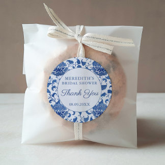 Blue & White Floral Bridal Shower Thank You Favor  Classic Round Sticker