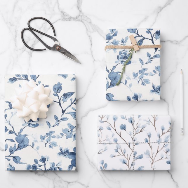 Blue White Floral Bridal Shower Wrapping Paper Sheets (Front)
