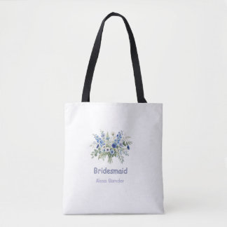blue white floral bridesmaid name purple modern tr tote bag