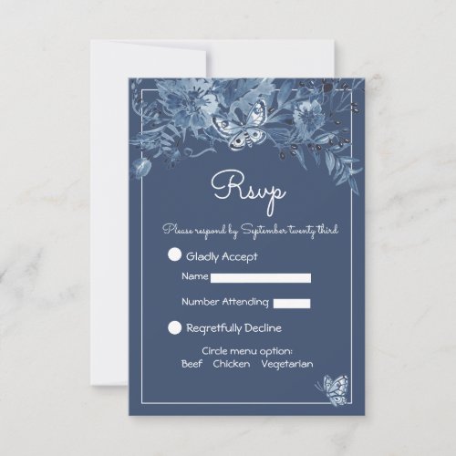 Blue White Floral Butterfly Watercolor Wedding RSVP Card