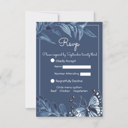 Blue White Floral Butterfly Watercolor Wedding RSVP Card