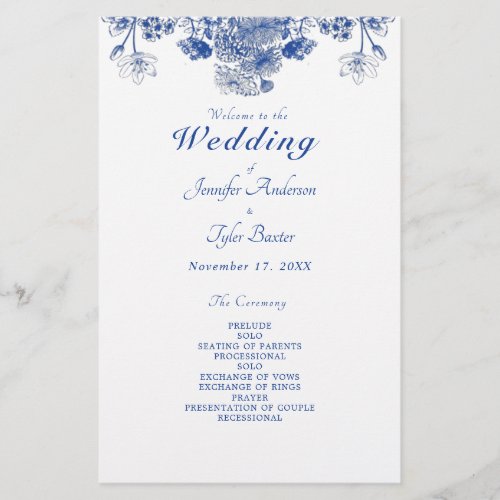 Blue  White Floral China Pattern Wedding Program