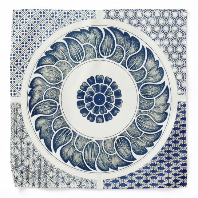 Blue White Floral Chinese Round Bandana (Front)