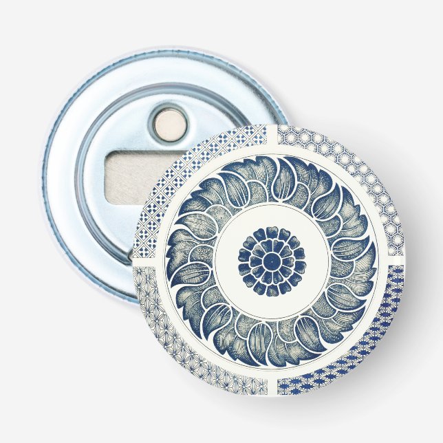 Blue White Floral Chinese Round Bottle Opener (Front)