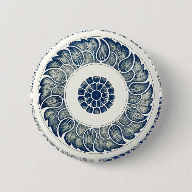 Blue White Floral Chinese Round Button (Front)