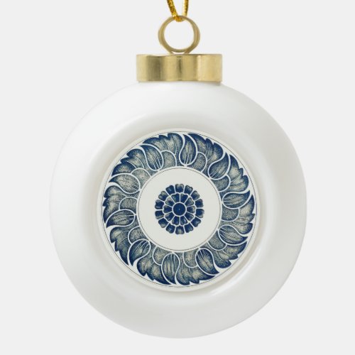Blue White Floral Chinese Round Ceramic Ball Christmas Ornament