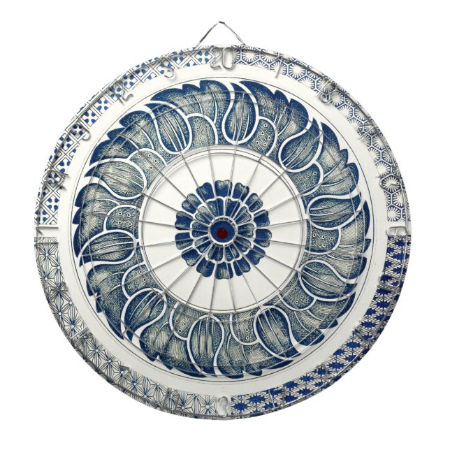 Blue White Floral Chinese Round Dart Board (Front)