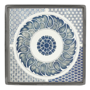 Blue White Floral Chinese Round Gunmetal Finish Lapel Pin