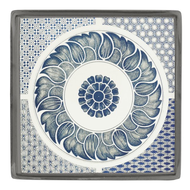 Blue White Floral Chinese Round Gunmetal Finish Lapel Pin (Front)