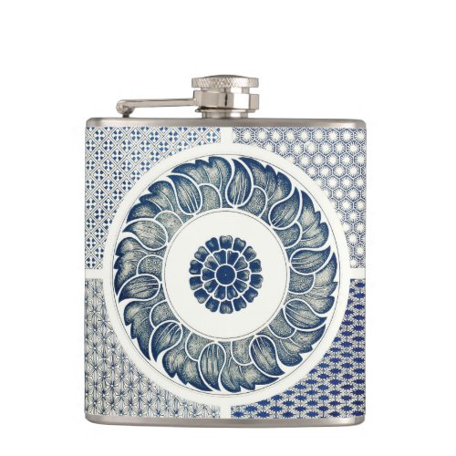 Blue White Floral Chinese Round Hip Flask