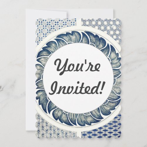 Blue White Floral Chinese Round Invitation