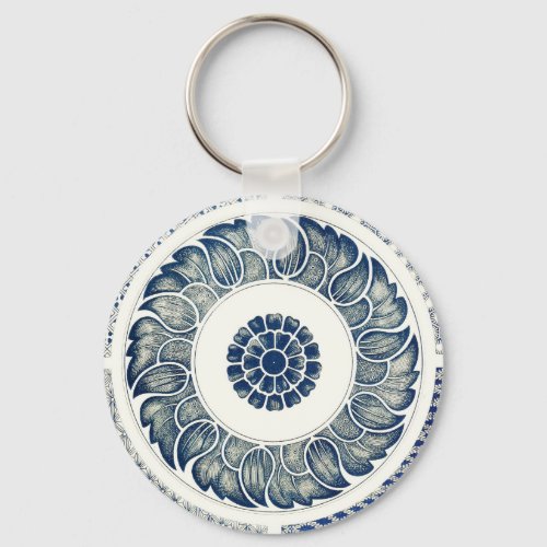 Blue White Floral Chinese Round Keychain