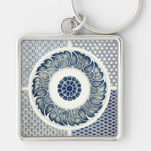 Blue White Floral Chinese Round Keychain