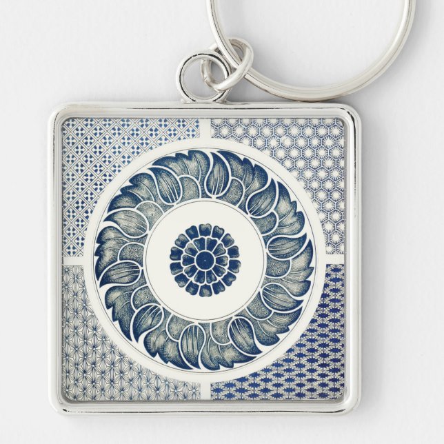 Blue White Floral Chinese Round Keychain (Front)