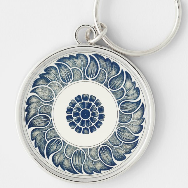 Blue White Floral Chinese Round Keychain (Front)