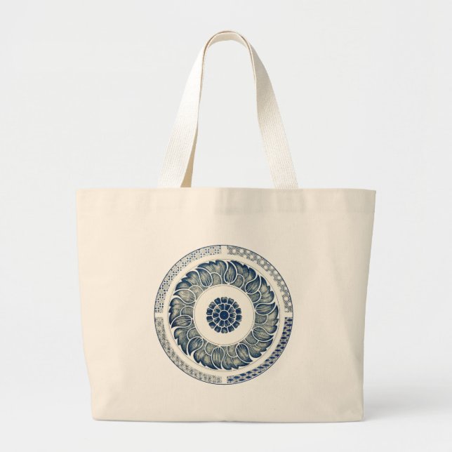 Blue White Floral Chinese Round Large Tote Bag (Front)