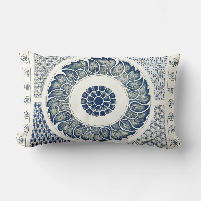 Blue White Floral Chinese Round Lumbar Pillow (Front)