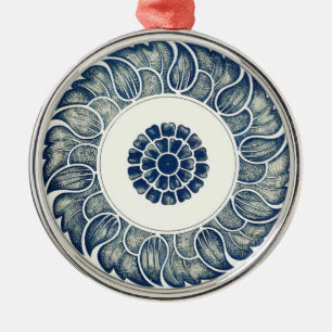 Blue White Floral Chinese Round Metal Ornament