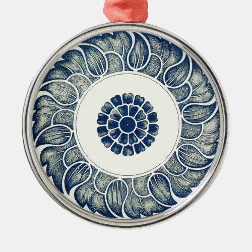 Blue White Floral Chinese Round Metal Ornament