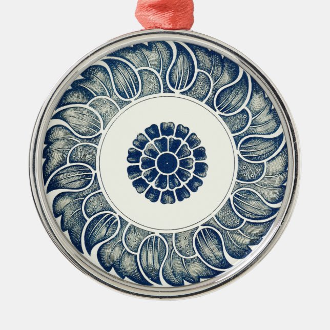 Blue White Floral Chinese Round Metal Ornament (Front)
