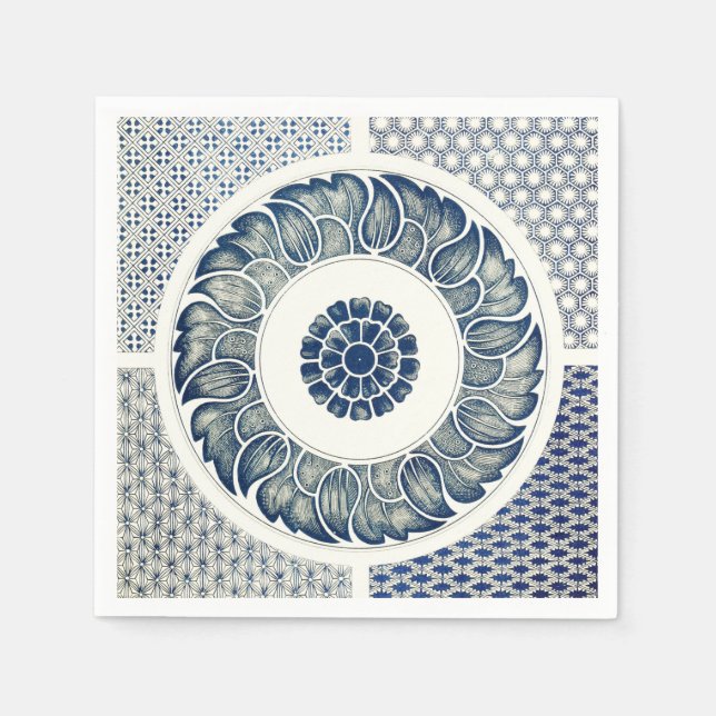 Blue White Floral Chinese Round Napkins (Front)