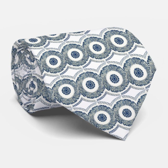 Blue White Floral Chinese Round Neck Tie (Rolled)