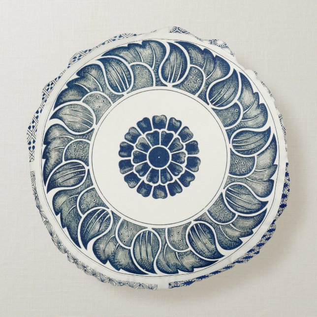 Blue White Floral Chinese Round Pillow (Back)