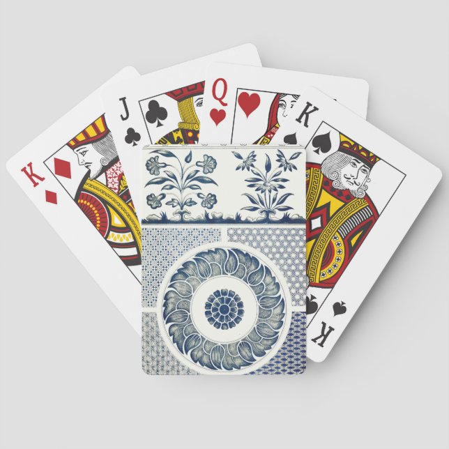 Blue White Floral Chinese Round Poker Cards (Back)