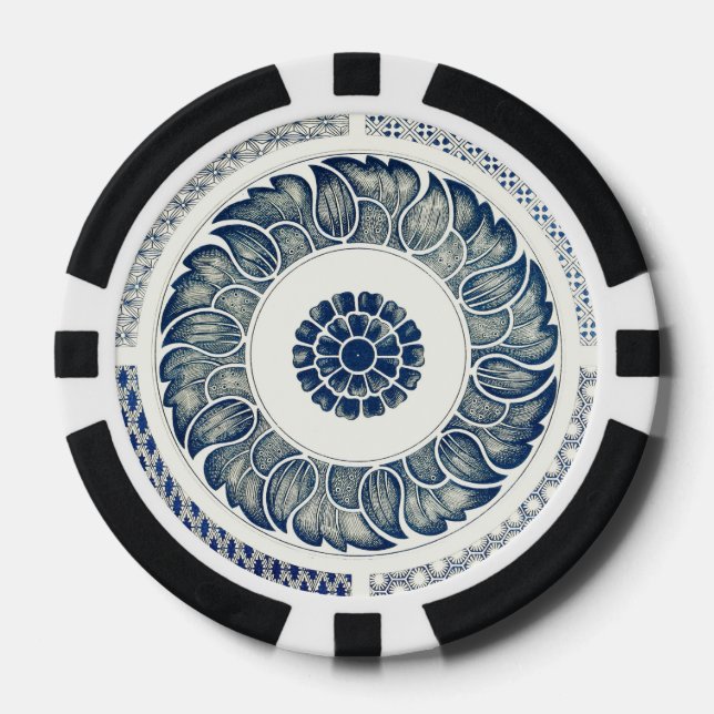 Blue White Floral Chinese Round Poker Chips (Front)