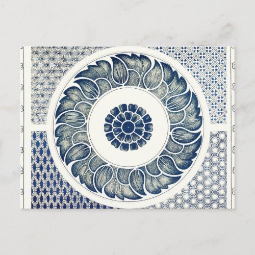 Blue White Floral Chinese Round Postcard