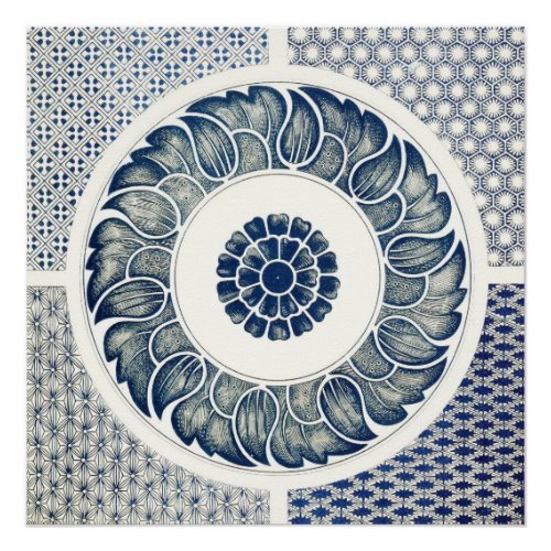 Blue White Floral Chinese Round Poster