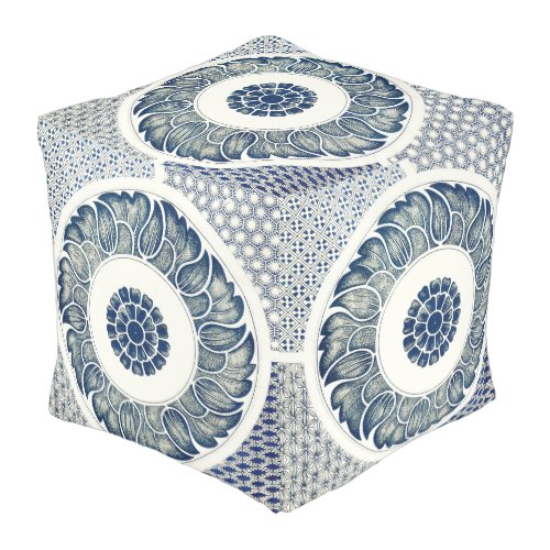 Blue White Floral Chinese Round Pouf