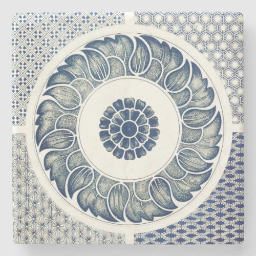 Blue White Floral Chinese Round Stone Coaster