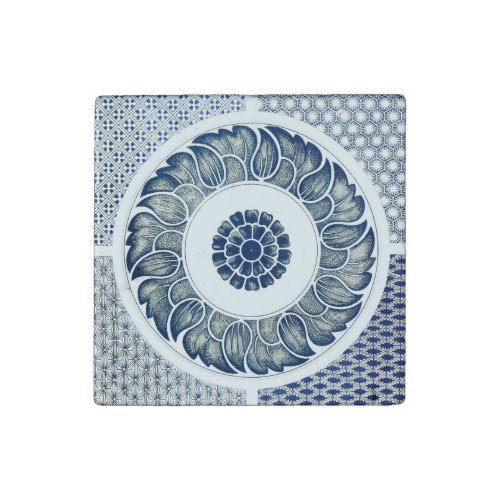 Blue White Floral Chinese Round Stone Magnet