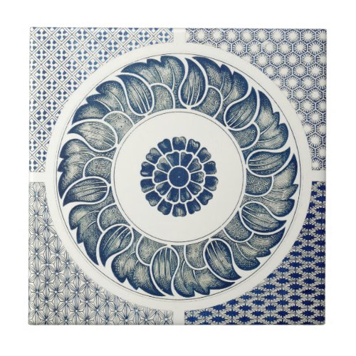Blue White Floral Chinese Round Tile